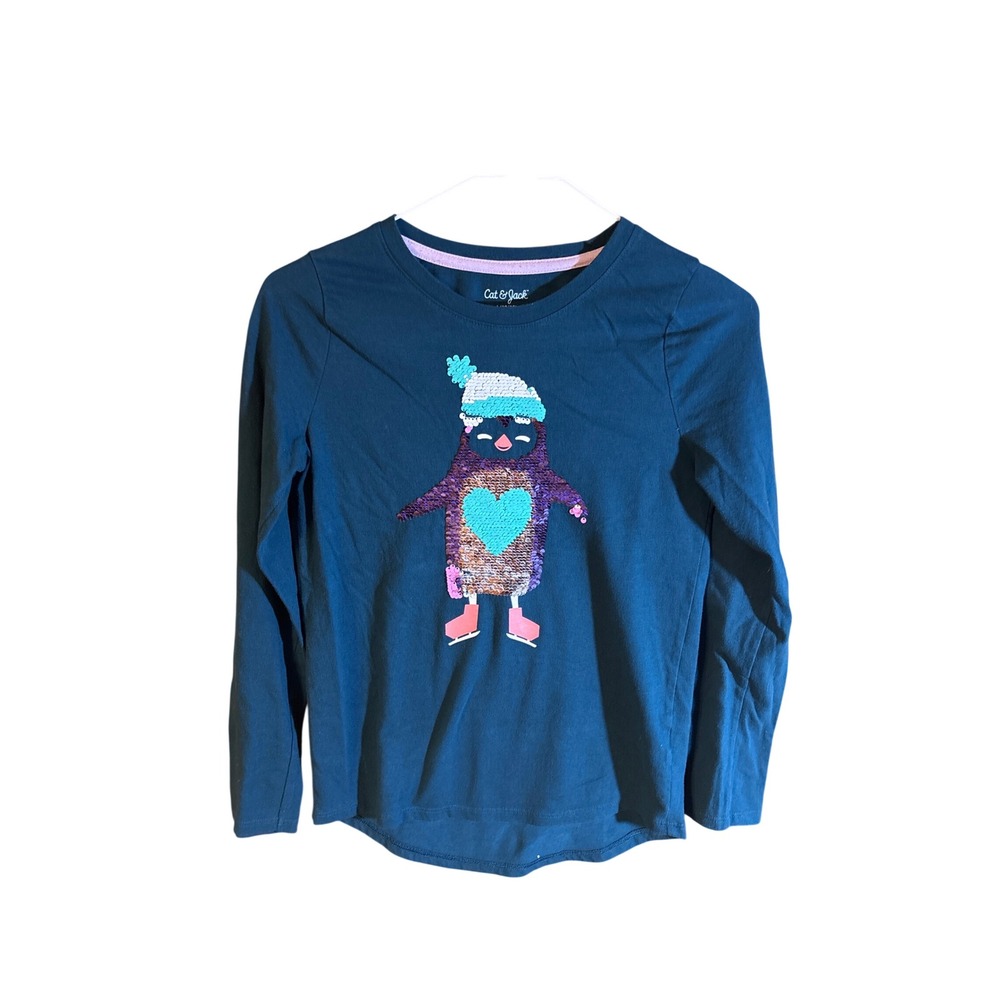 Cat & Jack Girls Blue Flip Sequin Penguin Long Sleeve Graphic Tee Shirt L 10/12